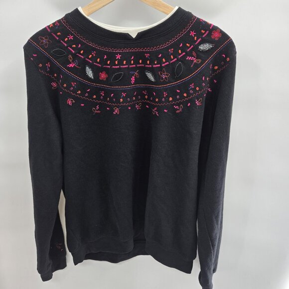 Vintage Sweaters - Vintage Koret Black 80s Embroidered Grandma Knit Sweater M/L